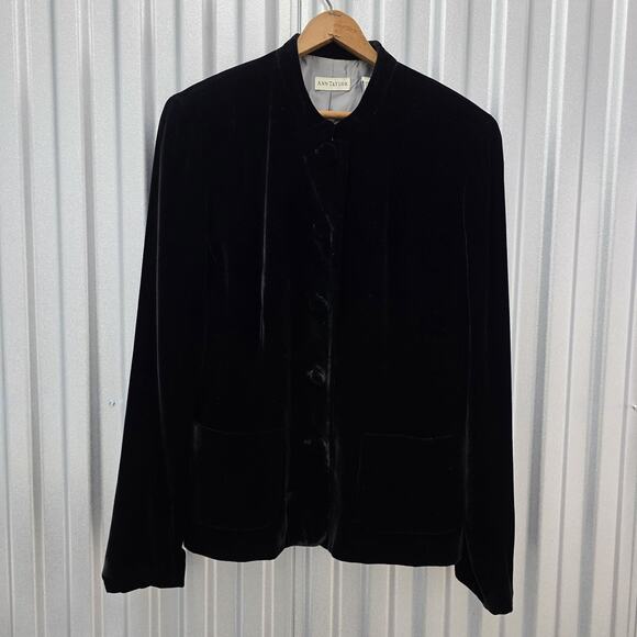 Vintage Ann Taylor Velvet Suit 14 Blazer Pants Black Classic Polished Silk Blend - Picture 2 of 14